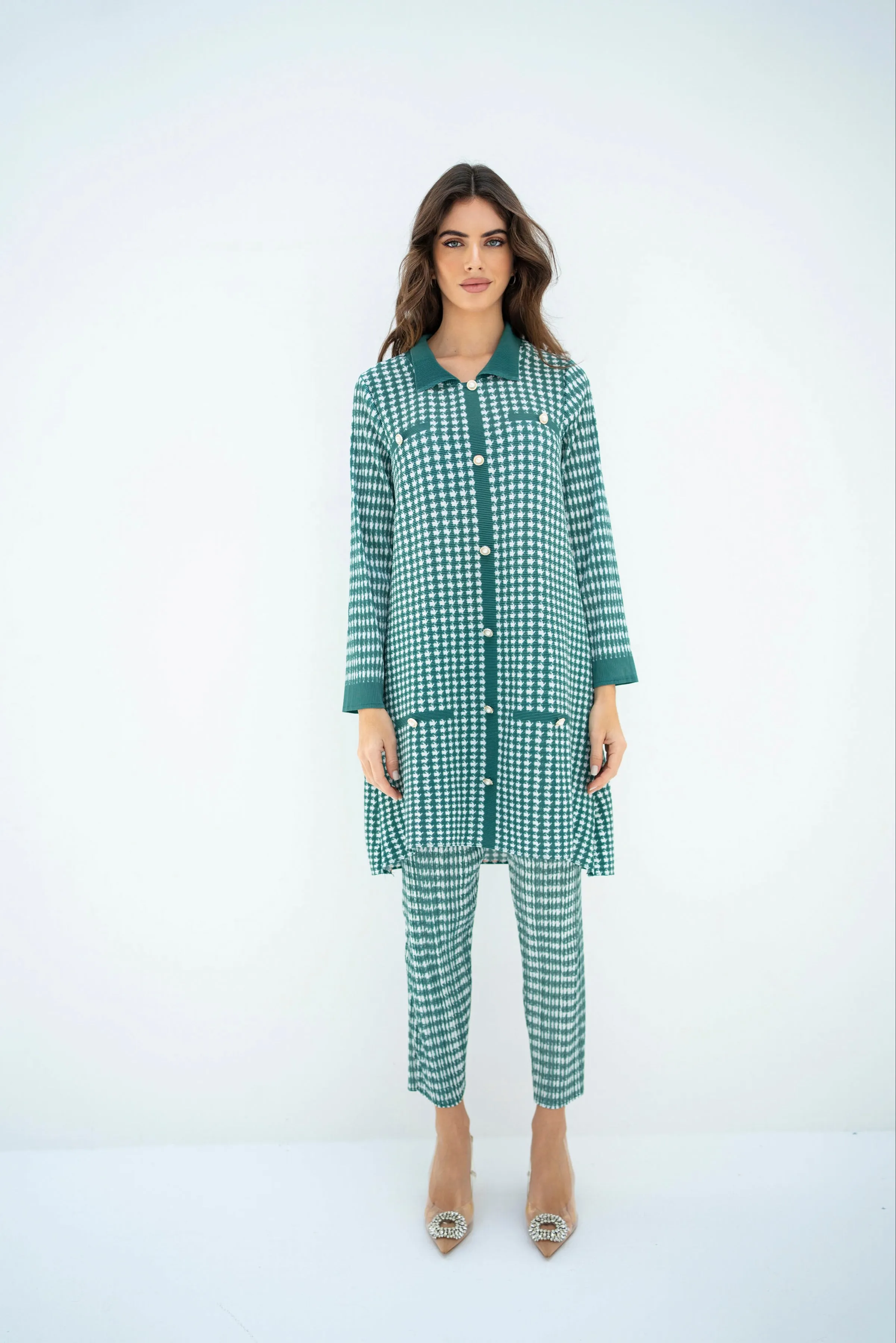 Pleated Oia Sea Green Set With Capri Pants