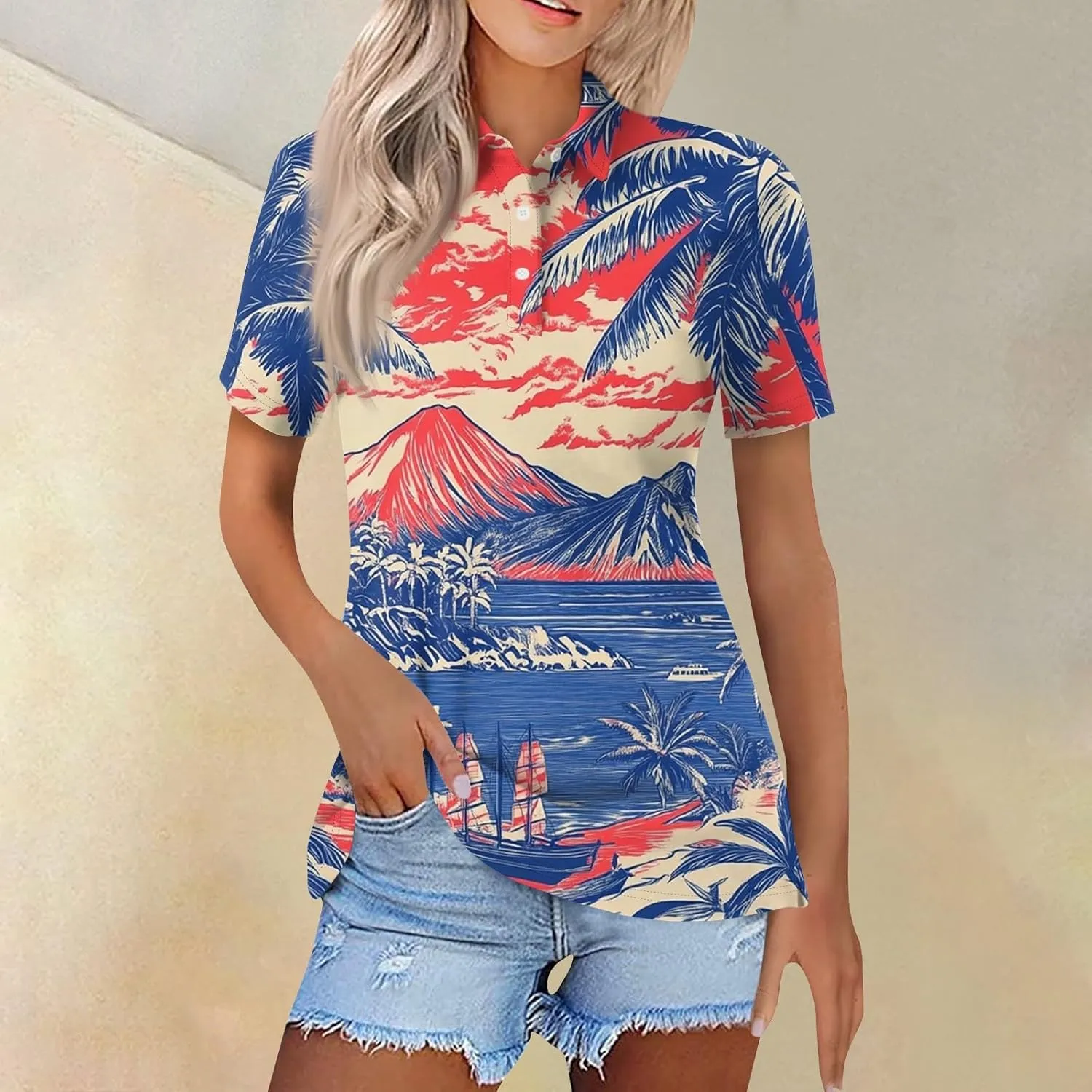 Polo Shirts for Women Hawaiian Short Sleeve Summer Tops Oversized Side Slit Collared Casual Golf Outfits
