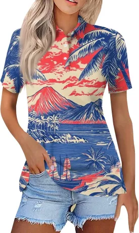 Polo Shirts for Women Hawaiian Short Sleeve Summer Tops Oversized Side Slit Collared Casual Golf Outfits