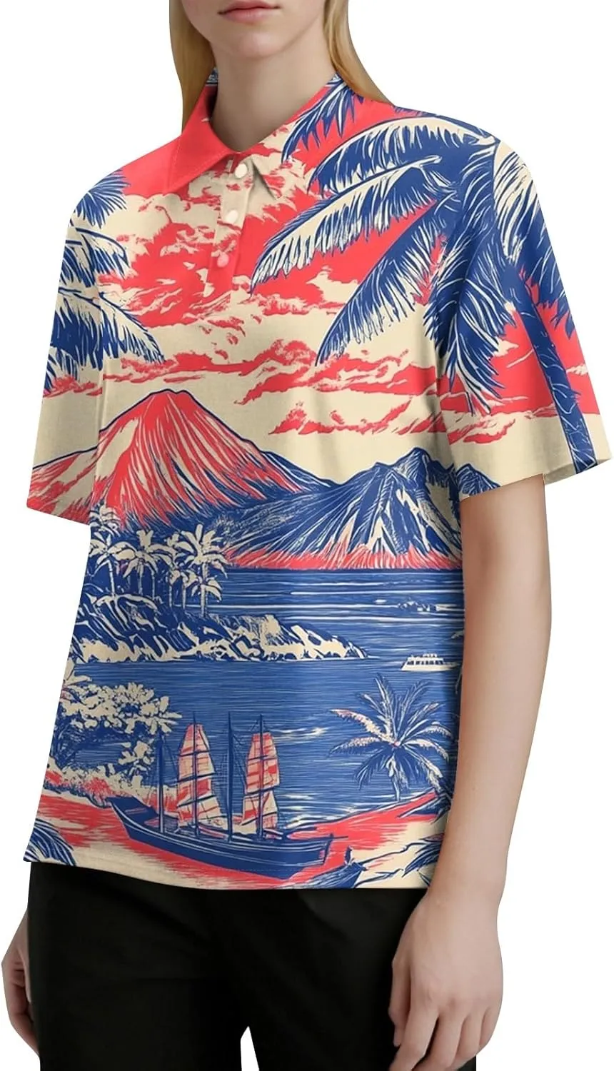 Polo Shirts for Women Hawaiian Short Sleeve Summer Tops Oversized Side Slit Collared Casual Golf Outfits