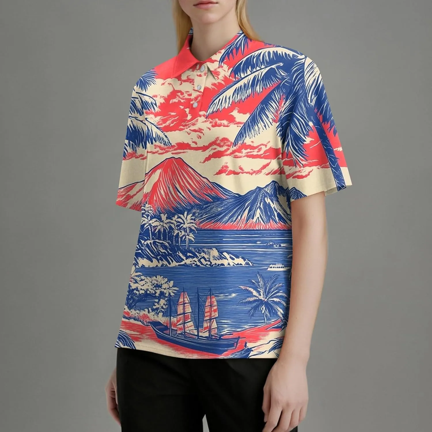 Polo Shirts for Women Hawaiian Short Sleeve Summer Tops Oversized Side Slit Collared Casual Golf Outfits