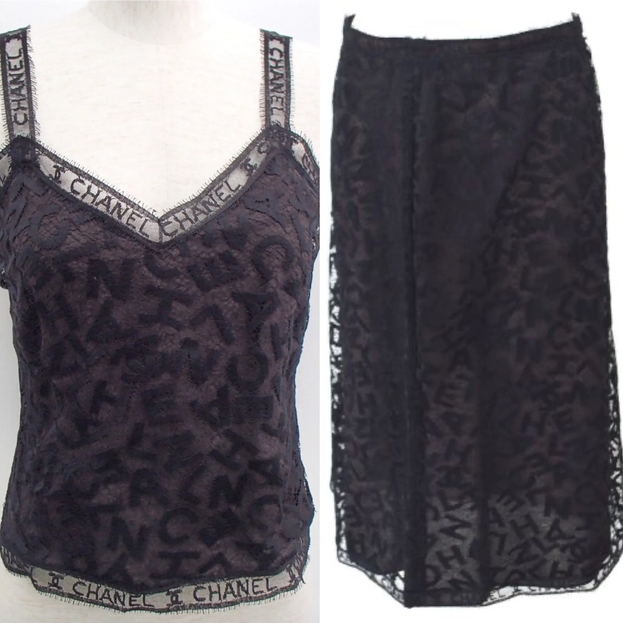 Rare! Chanel Vintage 98A Fall Logo Black Lace Tank top Blouse Camisole Skirt Set FR 38 US 4