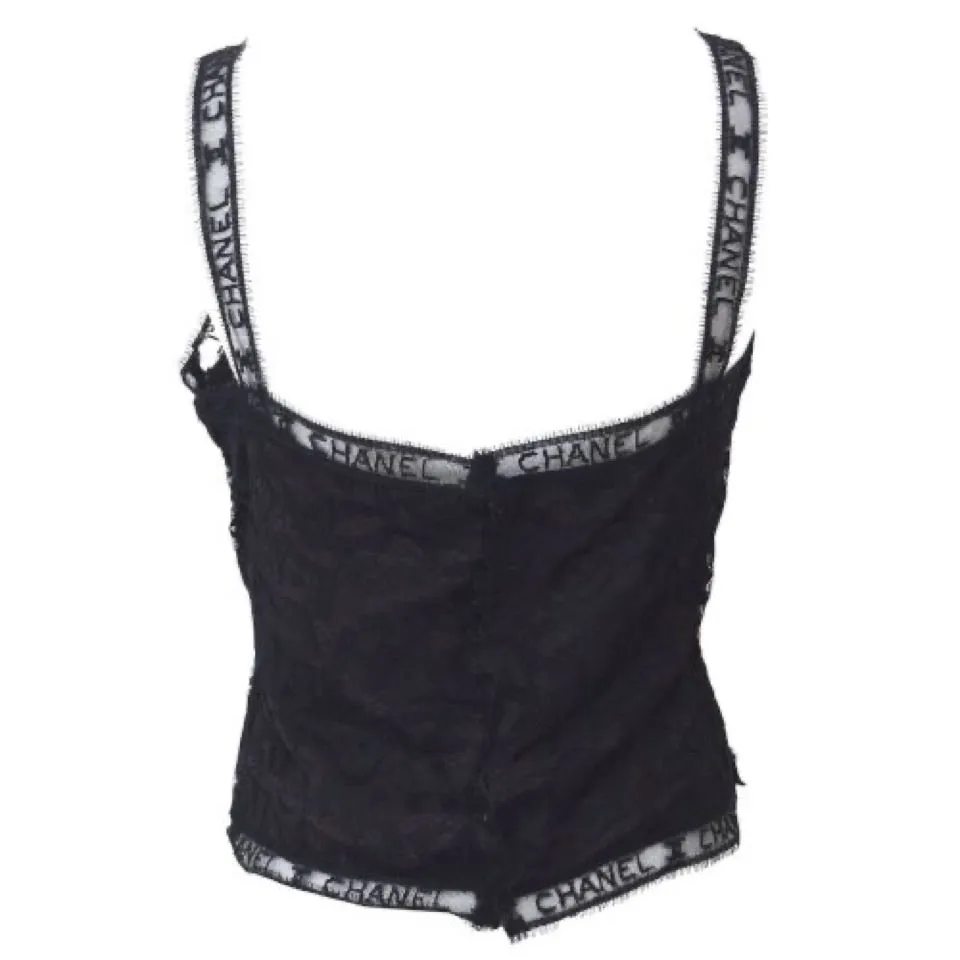 Rare! Chanel Vintage 98A Fall Logo Black Lace Tank top Blouse Camisole Skirt Set FR 38 US 4