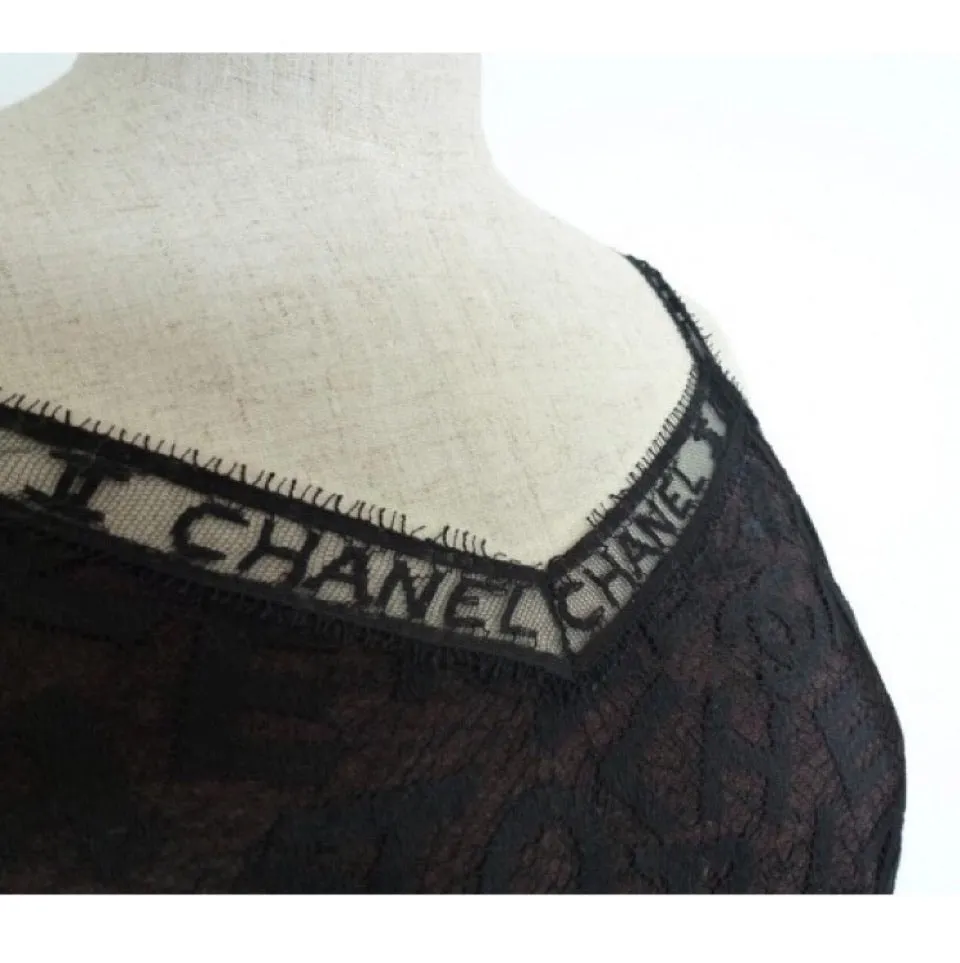 Rare! Chanel Vintage 98A Fall Logo Black Lace Tank top Blouse Camisole Skirt Set FR 38 US 4