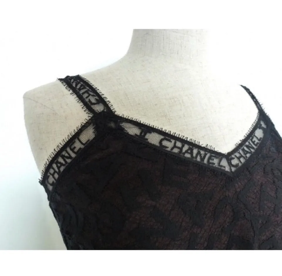 Rare! Chanel Vintage 98A Fall Logo Black Lace Tank top Blouse Camisole Skirt Set FR 38 US 4