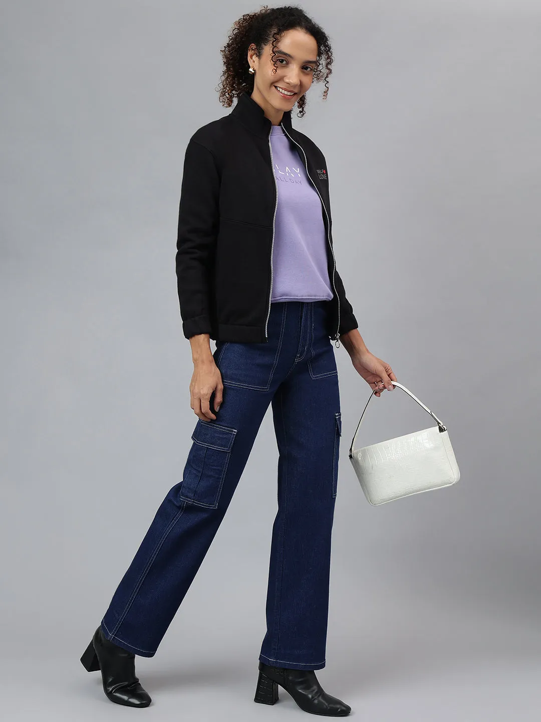 Richlook Women Navy Full Zipper Sweatshirt