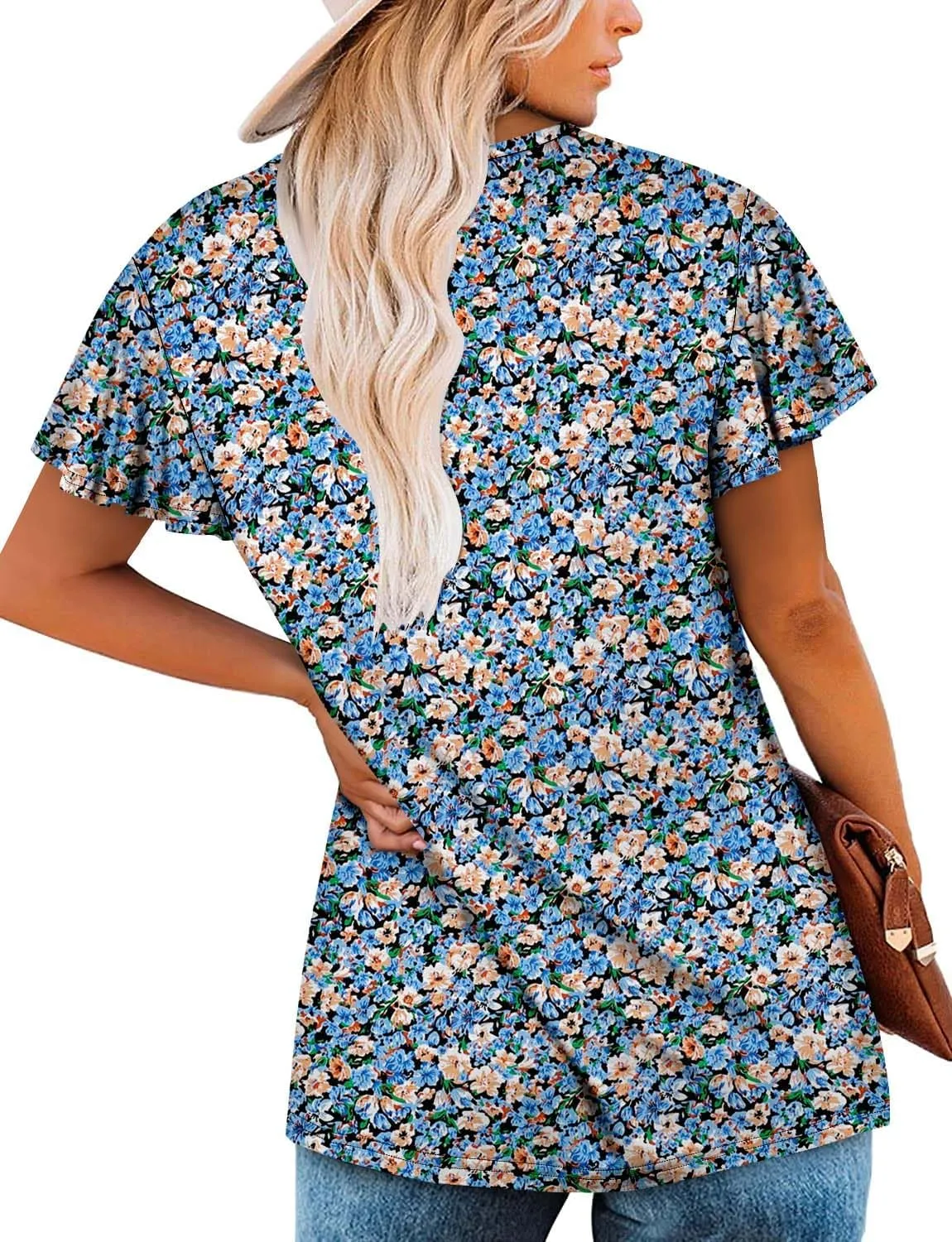 ROSELINLIN Womens Ruffle Sleeve Tunic Tops V Neck Loose Fit Short Sleeve Summer Shirts