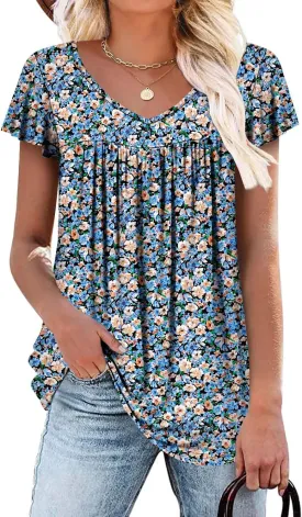 ROSELINLIN Womens Ruffle Sleeve Tunic Tops V Neck Loose Fit Short Sleeve Summer Shirts