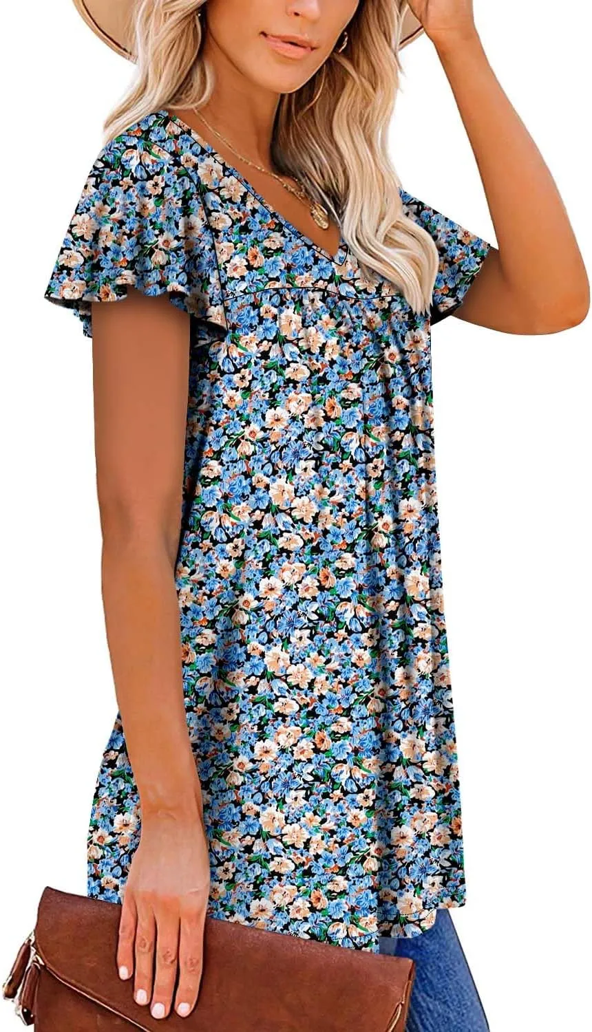 ROSELINLIN Womens Ruffle Sleeve Tunic Tops V Neck Loose Fit Short Sleeve Summer Shirts