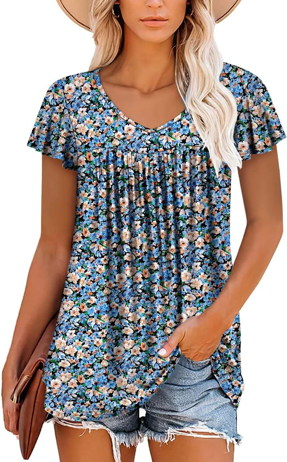 ROSELINLIN Womens Ruffle Sleeve Tunic Tops V Neck Loose Fit Short Sleeve Summer Shirts