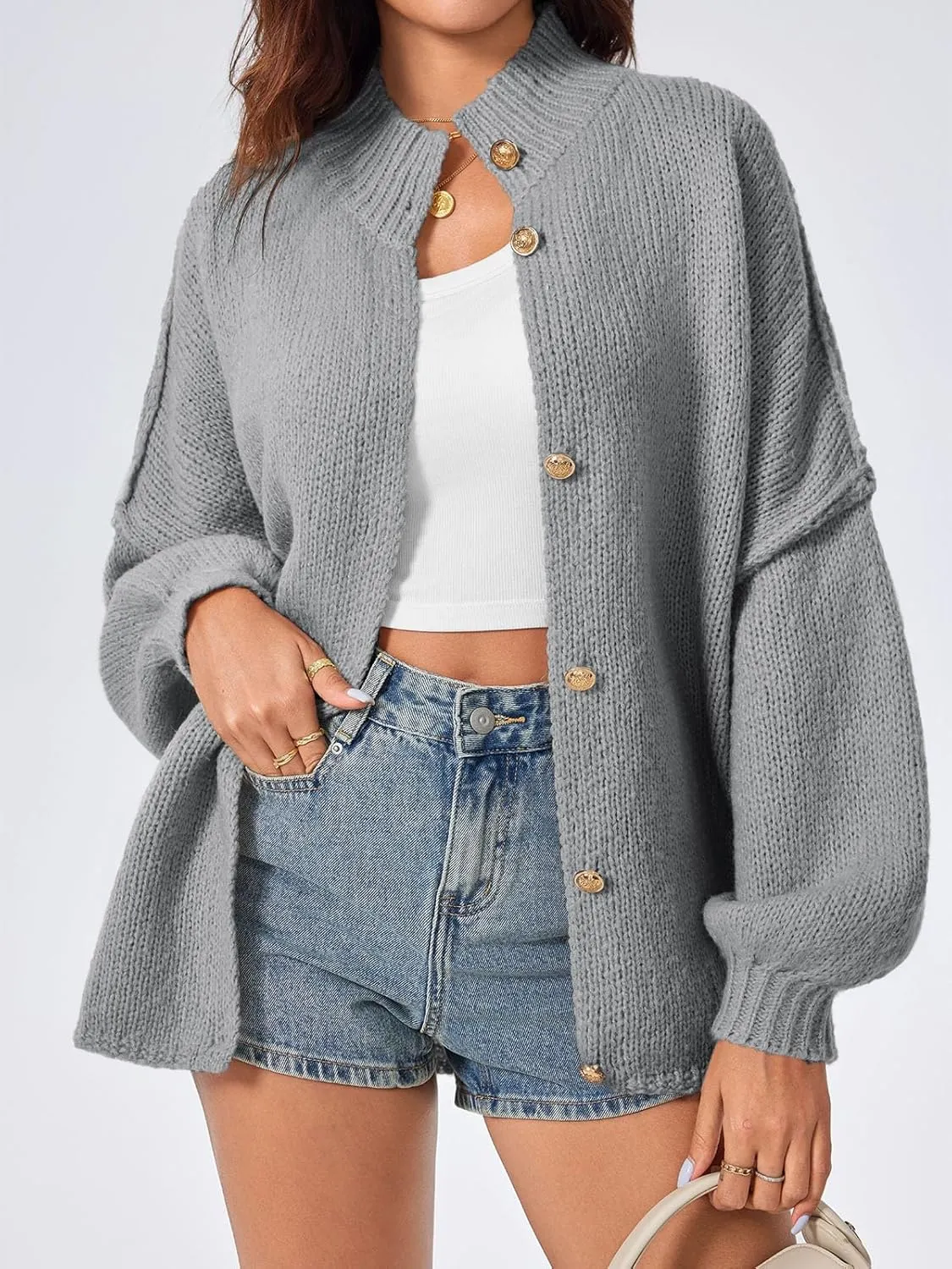 Saodimallsu Womens Oversized Cardigans Long Lantern Sleeve Button Down Chunky Knit Loose Fall Sweater Coats