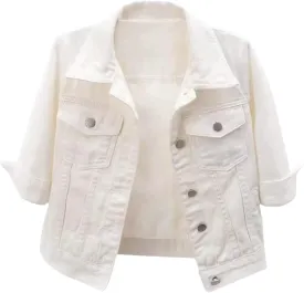 Short Sleeve Denim Jacket for Women Cropped Jean Jacket 3/4 Sleeve Short Jackets Button Down Crop Trucker Jean Coats