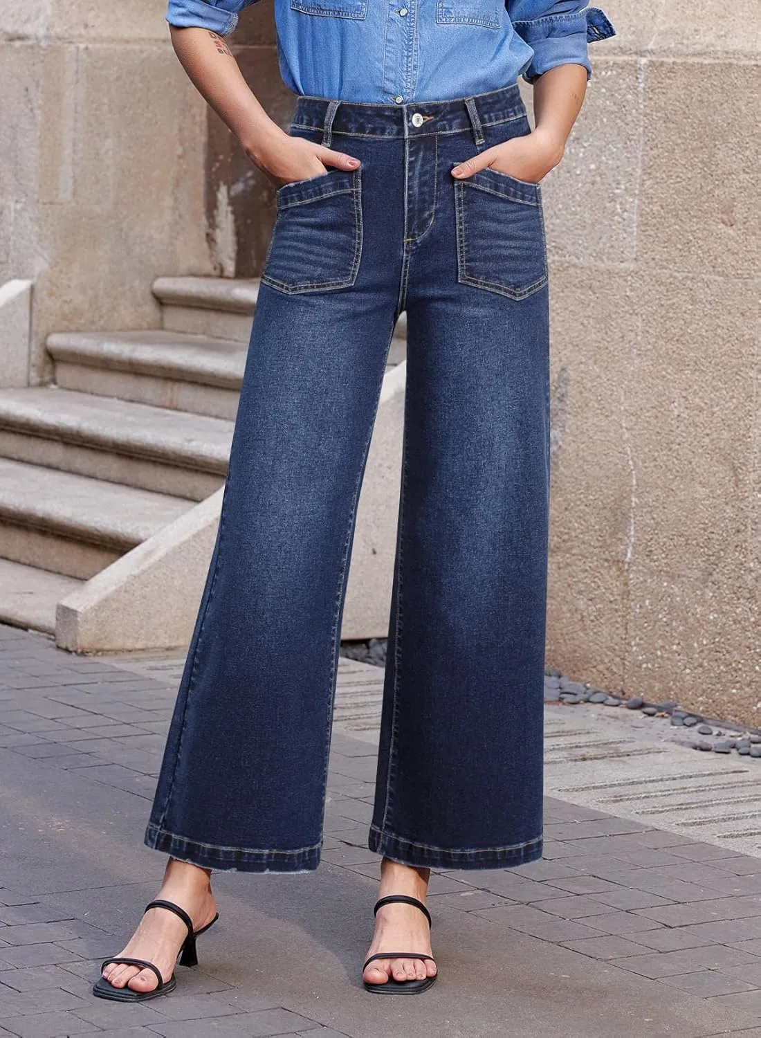Sidefeel Women's Wide Leg Jeans High Waisted Stretchy Jeans Straight Leg Loose Fit Zimbaplatinum Ankle Denim Pants