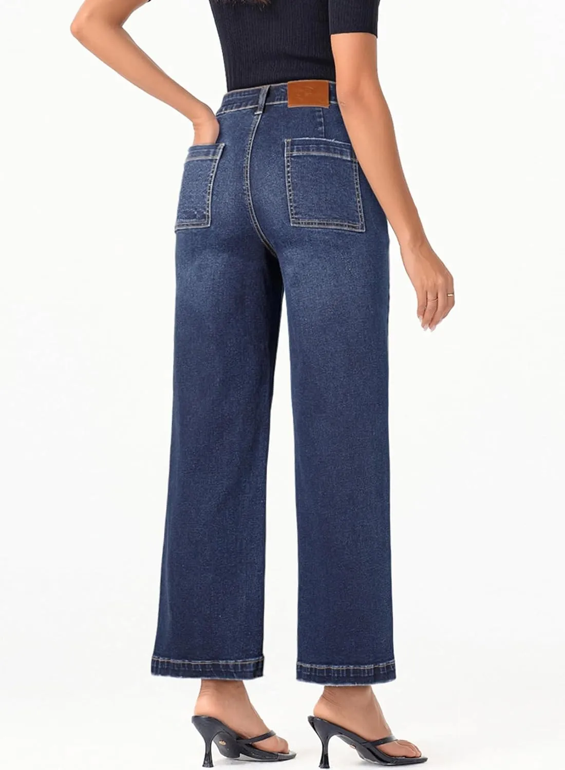 Sidefeel Women's Wide Leg Jeans High Waisted Stretchy Jeans Straight Leg Loose Fit Zimbaplatinum Ankle Denim Pants