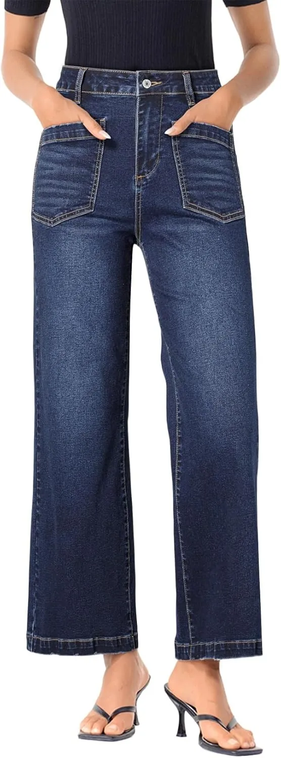 Sidefeel Women's Wide Leg Jeans High Waisted Stretchy Jeans Straight Leg Loose Fit Zimbaplatinum Ankle Denim Pants
