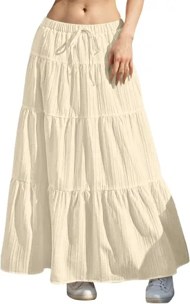 Summer Skirts for Women Y2K Cute A Line Tiered Ruffle Skirt Boho Drawstring Elastic Waist A-Line Maxi Skirt