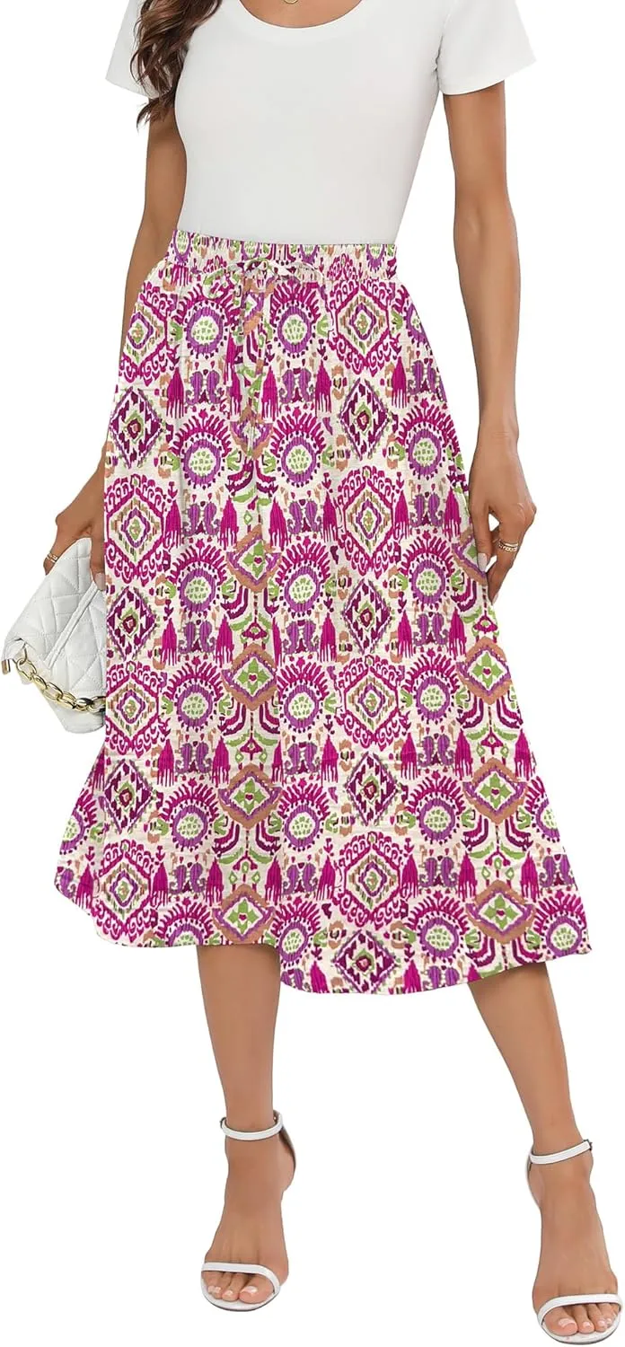 Summer Skirts with Pockets 2025 Boho Midi Length Skirt High Waisted Beach Cover Up for Women Trendy(S-2XL)