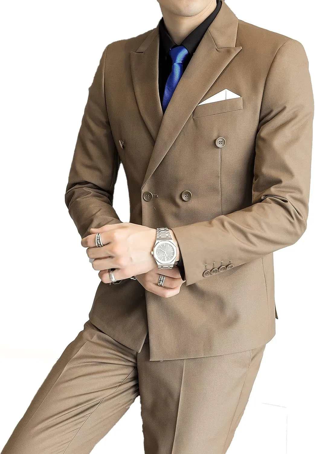 UNINUKOO Mens Suits 2 Piece Double Breasted Tuxedo Suit Slim Fit Wedding Party Dress Formal Suits for Men