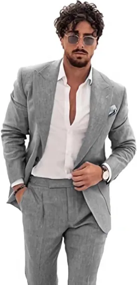 Wangyue Linen Suit for Men Casual Slim Fit Vintage Suits Groomsmen Suits Wedding Summer Beach Blazer Pants Set