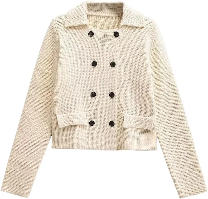Women European American French Coat Button-Down Flat Lapel Coat Long-Sleeved Cropped Outwear