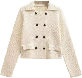 Women European American French Coat Button-Down Flat Lapel Coat Long-Sleeved Cropped Outwear