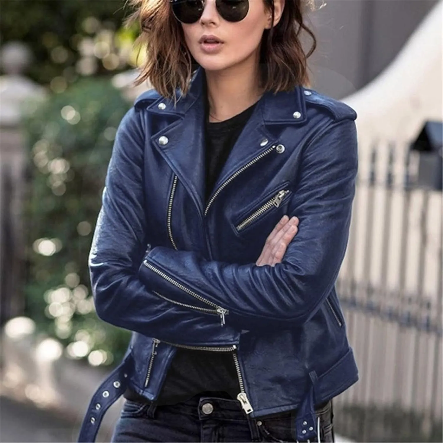 Women's Cropped Leather Jackets, Faux Motorcycle Plus Size Moto Biker Coat Short Lightweight Vegan Pleather Fashion
