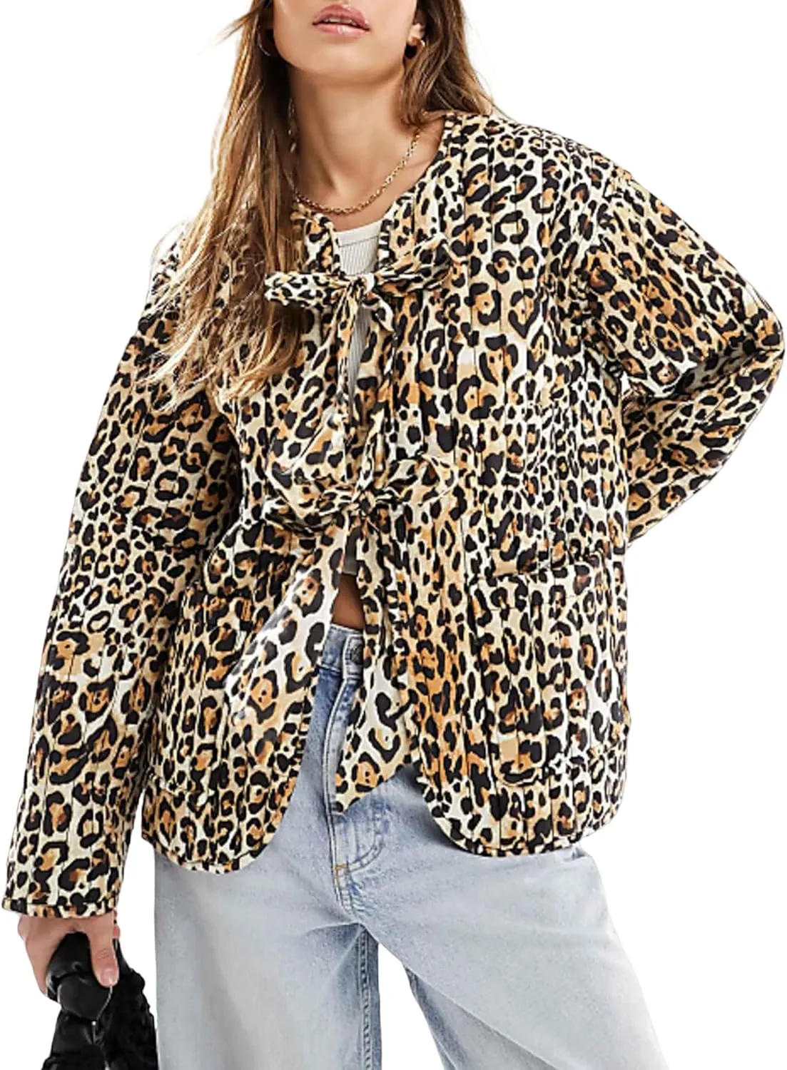 Women's Cropped Quilted Jacket Tie Front Lightweight Padded Puffer Cardigan Coat Outwear