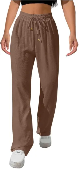 Womens Drawstring Waist Pants Soft Cotton Linen Straight Leg Trousers with Pockets Casual Relaxed Fit for Travel 2025