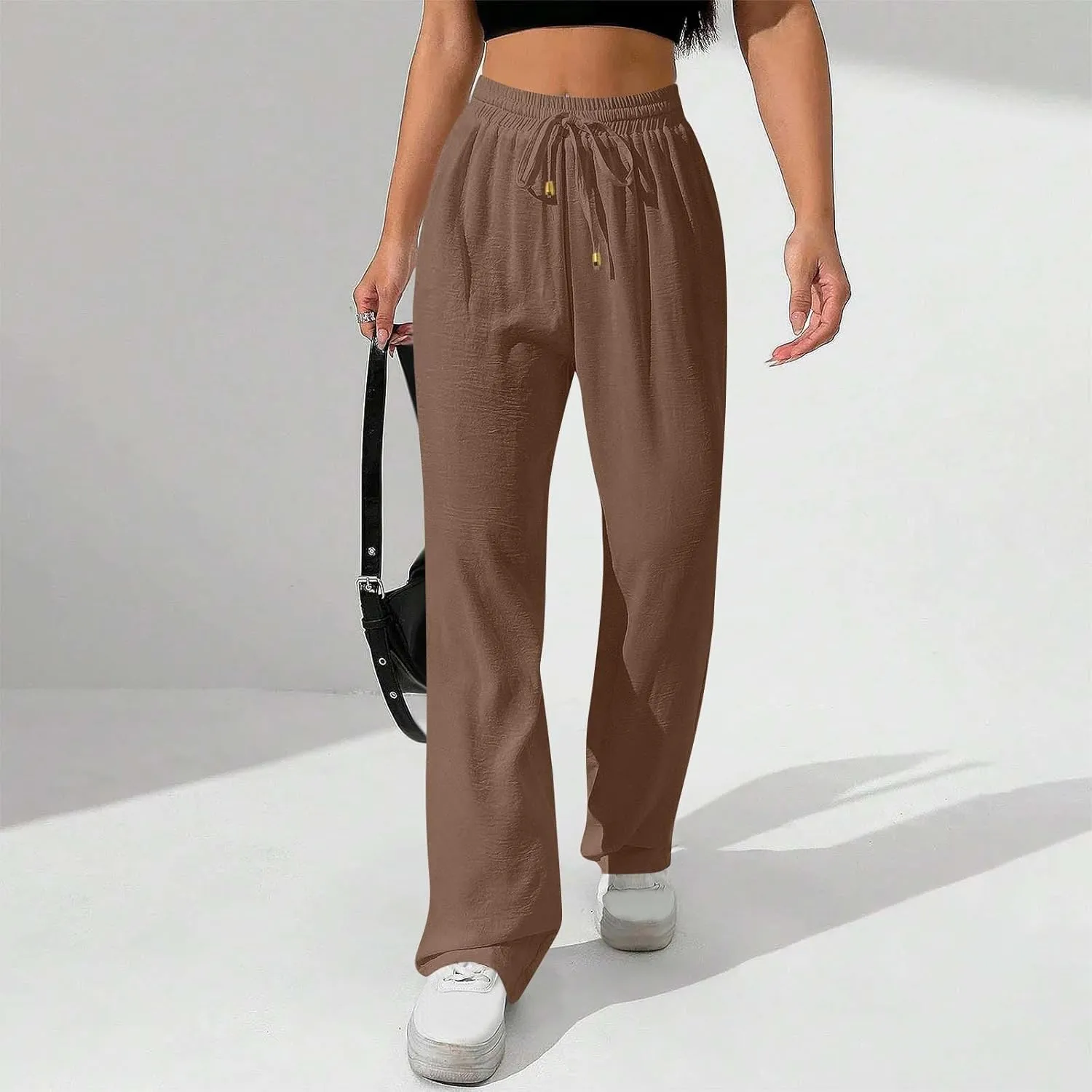 Womens Drawstring Waist Pants Soft Cotton Linen Straight Leg Trousers with Pockets Casual Relaxed Fit for Travel 2025