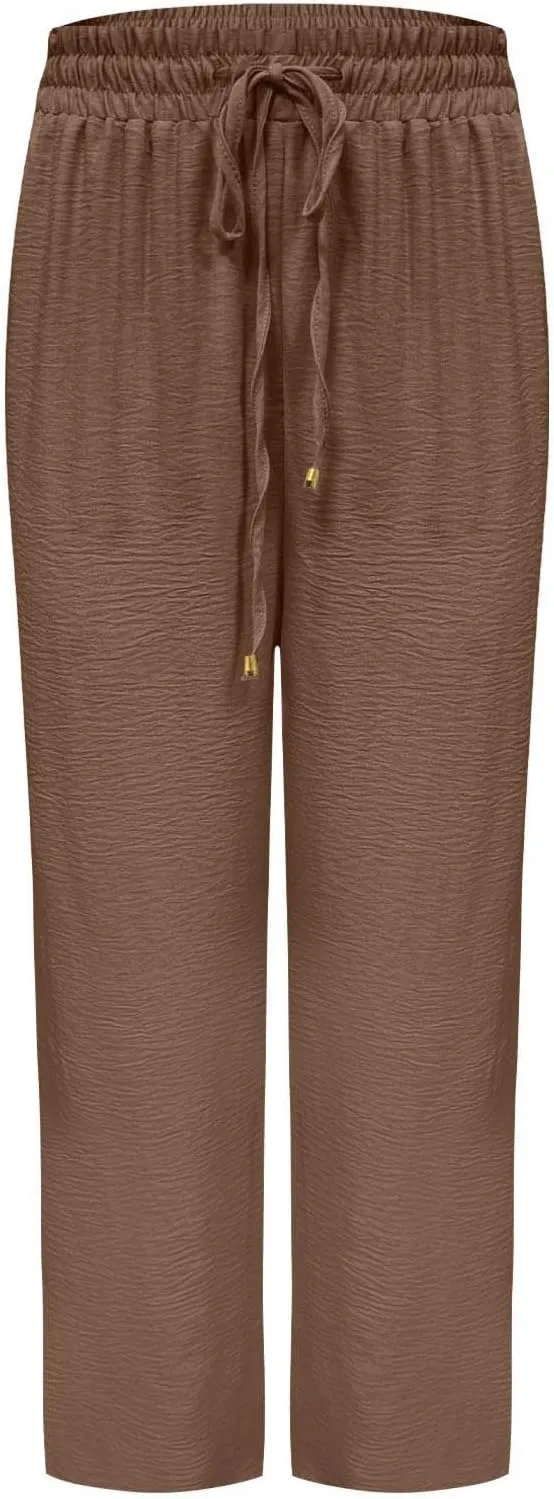 Womens Drawstring Waist Pants Soft Cotton Linen Straight Leg Trousers with Pockets Casual Relaxed Fit for Travel 2025