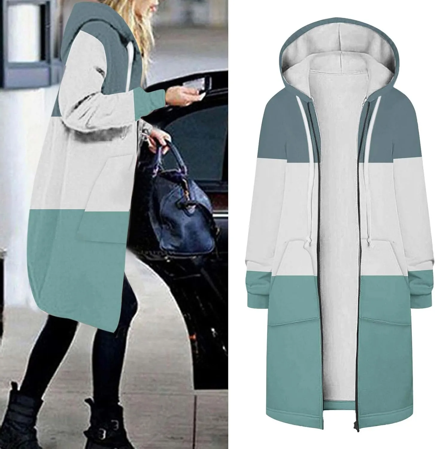 Womens Fleece Jacket Oversized Color Block Long Sleeve Winter Coats Drawstring Hooded Cardigan Tops Outerwear