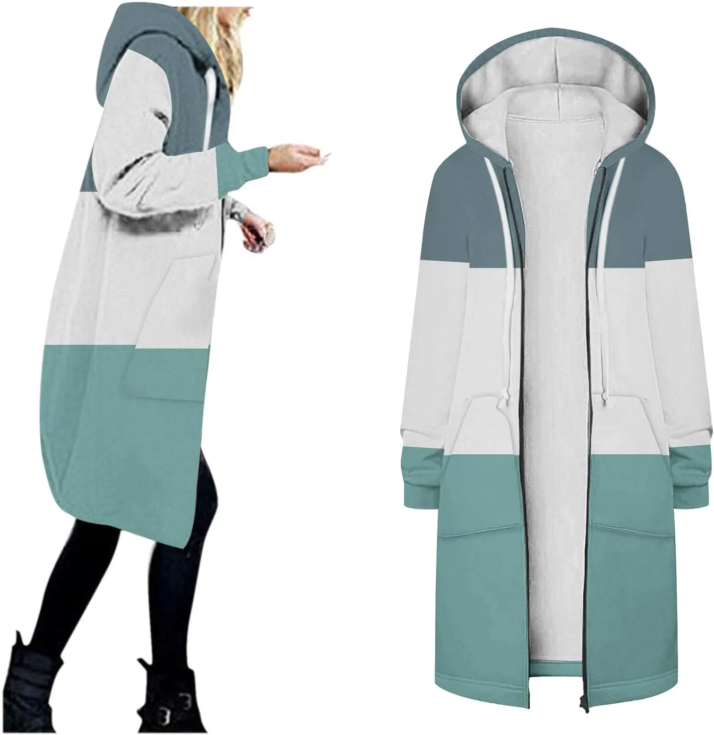 Womens Fleece Jacket Oversized Color Block Long Sleeve Winter Coats Drawstring Hooded Cardigan Tops Outerwear