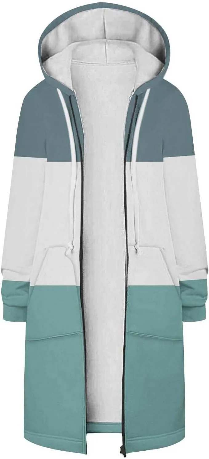 Womens Fleece Jacket Oversized Color Block Long Sleeve Winter Coats Drawstring Hooded Cardigan Tops Outerwear