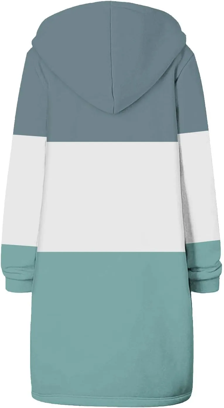 Womens Fleece Jacket Oversized Color Block Long Sleeve Winter Coats Drawstring Hooded Cardigan Tops Outerwear