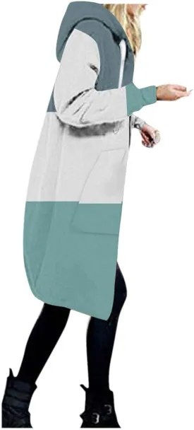 Womens Fleece Jacket Oversized Color Block Long Sleeve Winter Coats Drawstring Hooded Cardigan Tops Outerwear