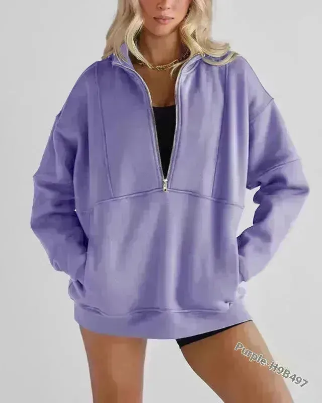 Women's Half Zipper Pocket Fashion Casual Exercise Oversized Sweatshirt Pullover