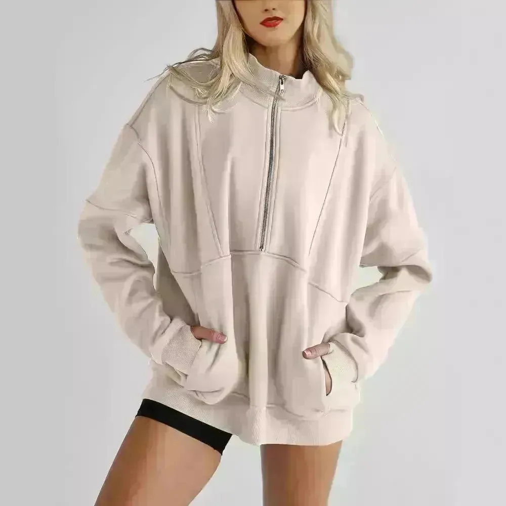 Women's Half Zipper Pocket Fashion Casual Exercise Oversized Sweatshirt Pullover