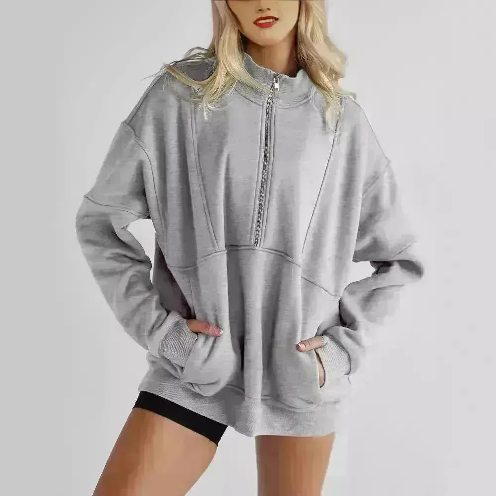 Women's Half Zipper Pocket Fashion Casual Exercise Oversized Sweatshirt Pullover