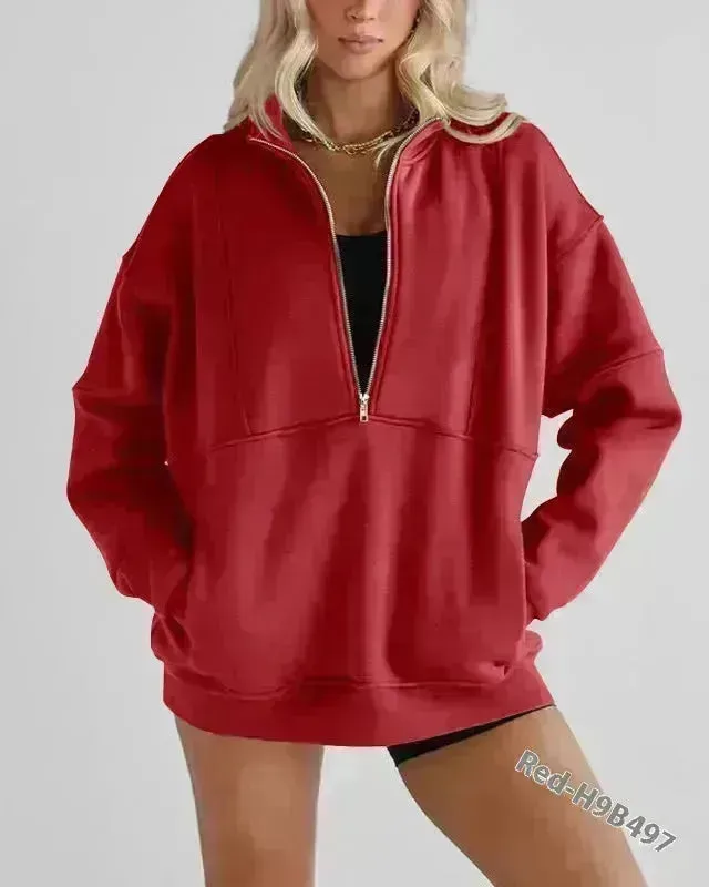 Women's Half Zipper Pocket Fashion Casual Exercise Oversized Sweatshirt Pullover