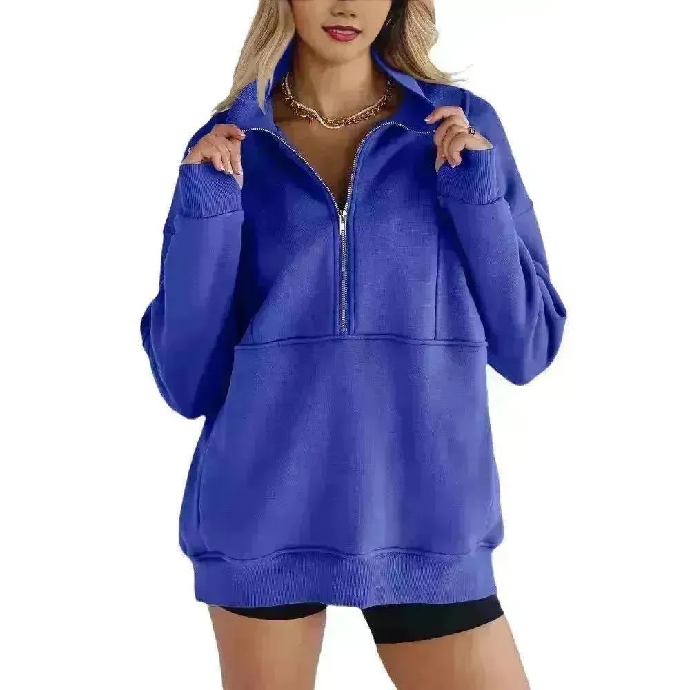 Women's Half Zipper Pocket Fashion Casual Exercise Oversized Sweatshirt Pullover