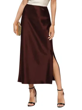 Women's Satin High Waisted Side Split Maxi Skirt Elastic Waistband Elegant Work Skirts Party A-Line Skirts