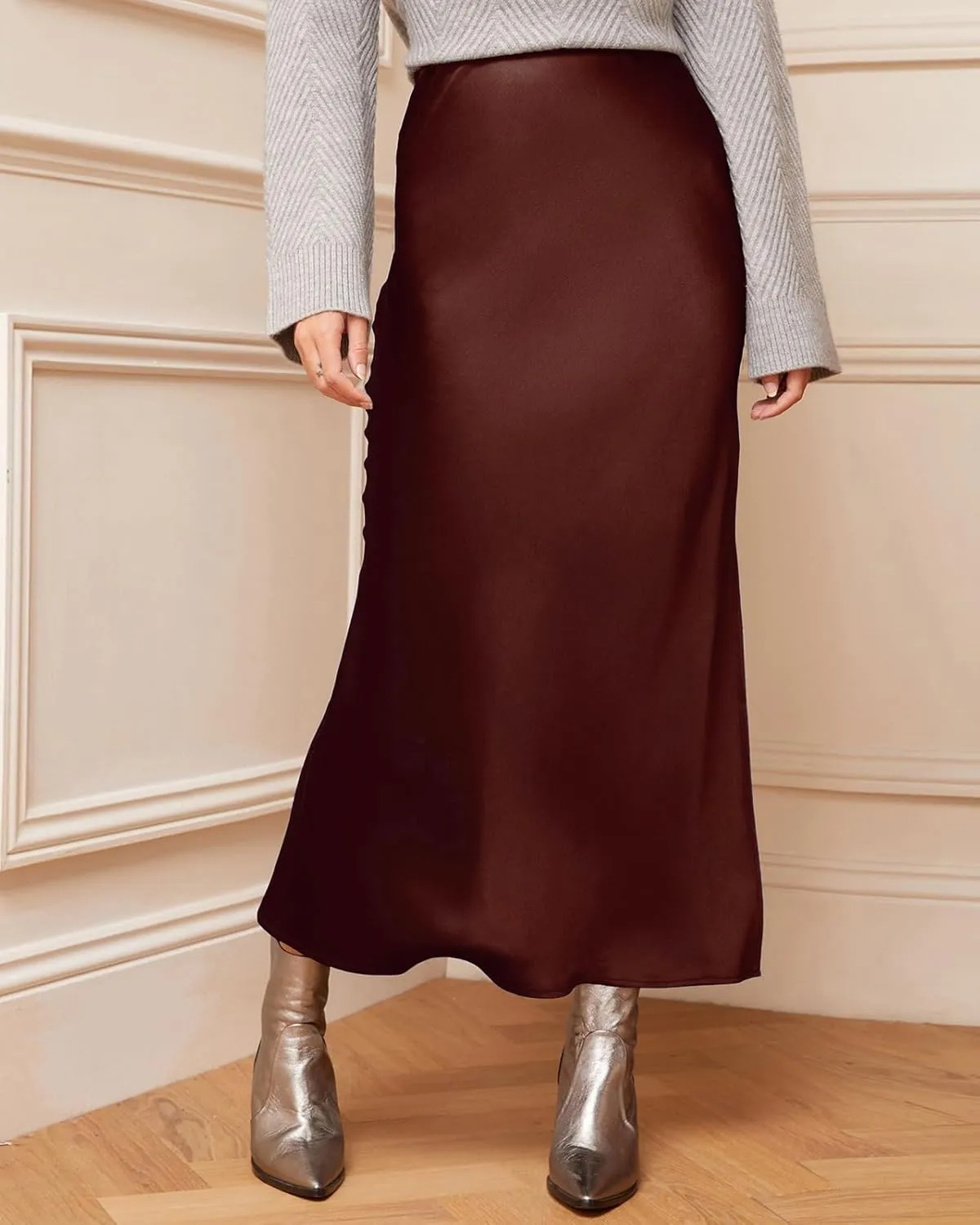 Women's Satin High Waisted Side Split Maxi Skirt Elastic Waistband Elegant Work Skirts Party A-Line Skirts