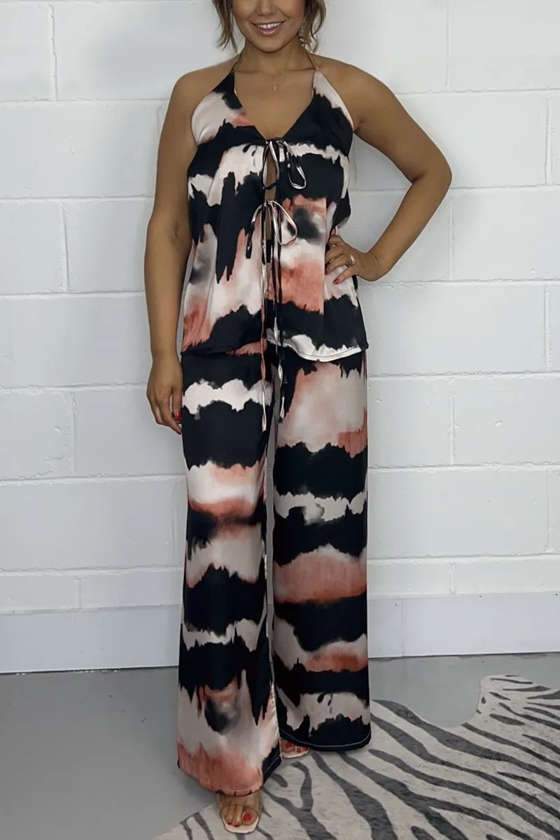 Women's Tie Dye Bow Halter Neck Top & Trouser Co-Ord