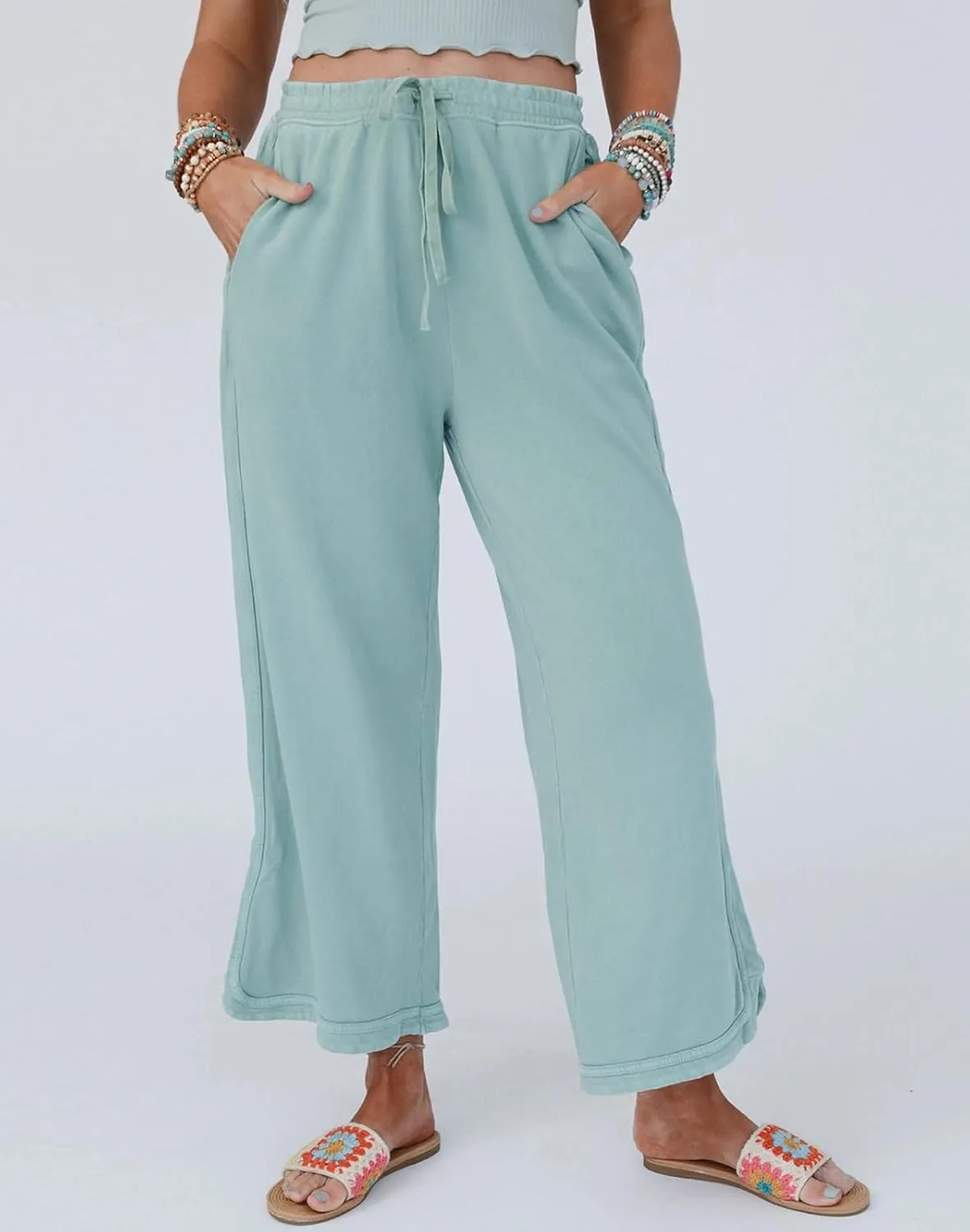Womens Wide Leg Pants Casual High Waisted Palazzo Pants Lightweight Summer Flowy Beach Pants with Pockets