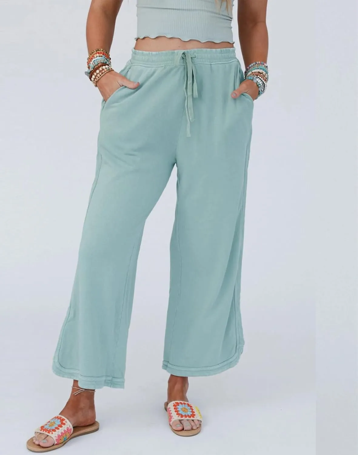 Womens Wide Leg Pants Casual High Waisted Palazzo Pants Lightweight Summer Flowy Beach Pants with Pockets