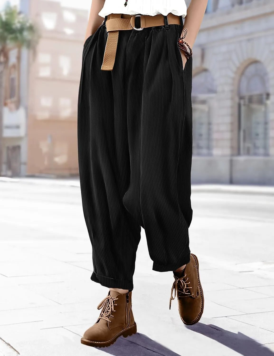 YESNO Women Baggy Cropped Pants Corduroy Casual Elastic Waist Fall Fashion 2024 Trousers with Pockets PCJ